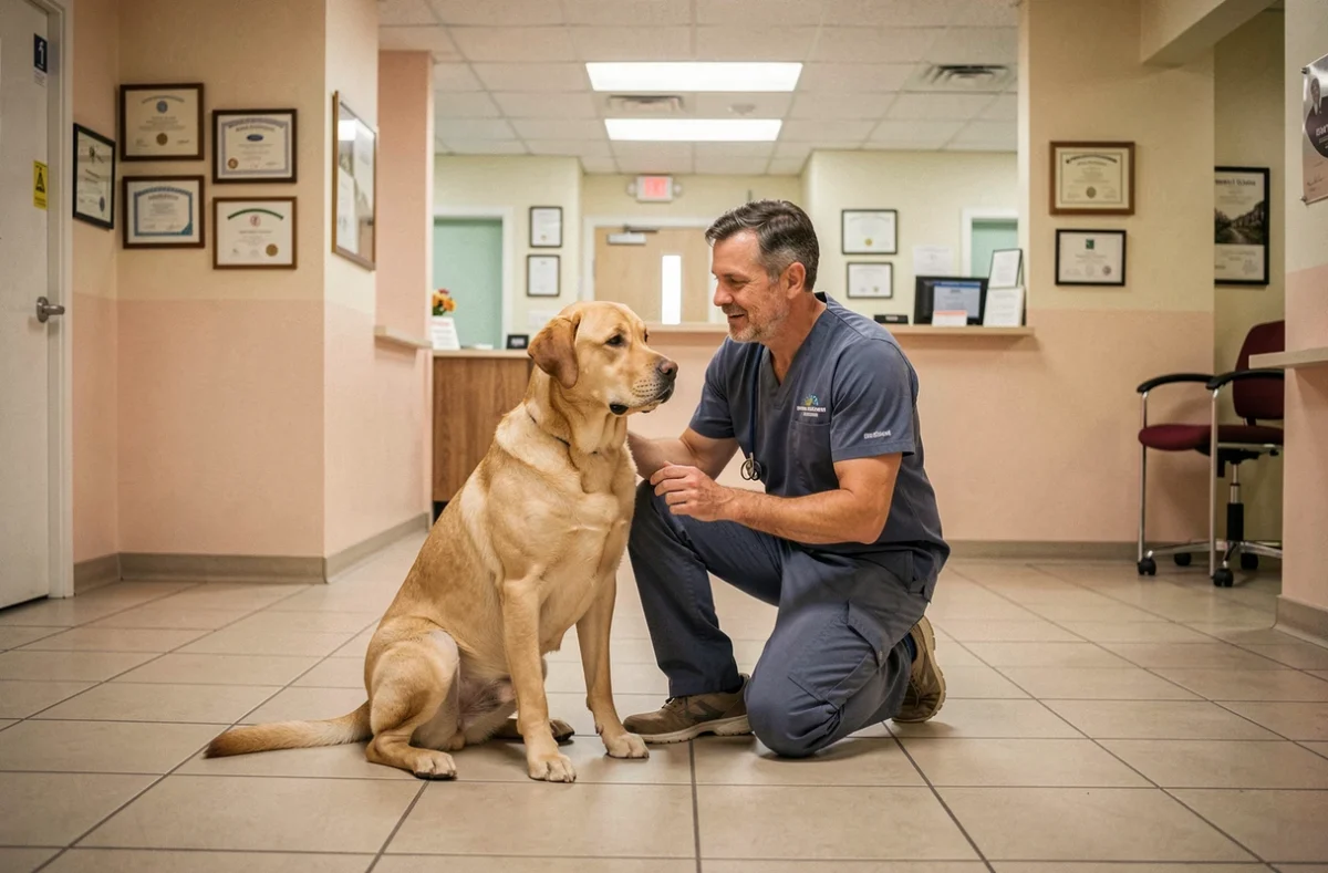 Vétérinaire senior interagissant avec un labrador dans le couloir d'une clinique vétérinaire marseillaise