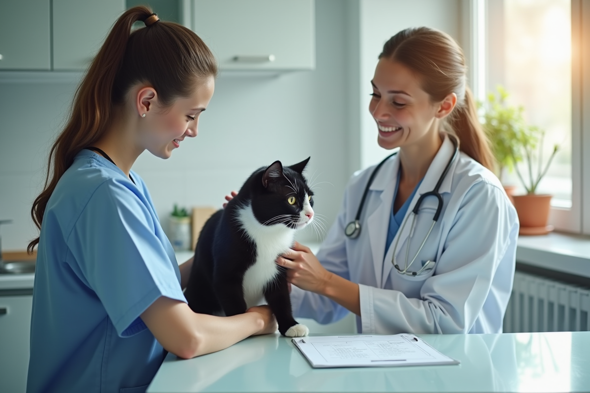 Vétérinaire examine un chat noir blanc dans une clinique lumineuse