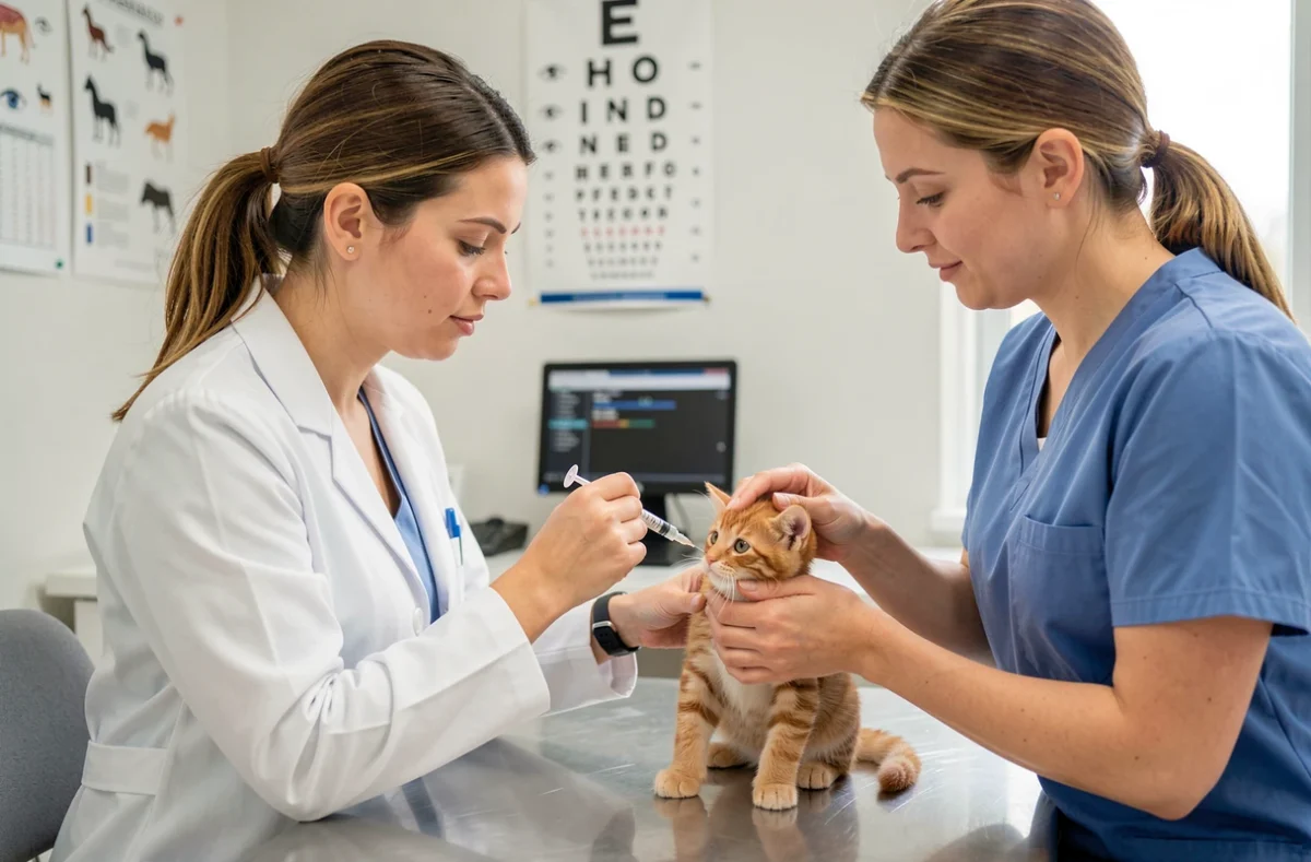 Vétérinaire vaccinant un chaton roux aidée par une infirmière vétérinaire dans une salle de consultation