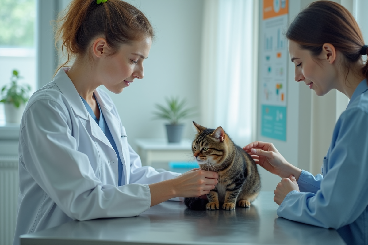 Vétérinaire examinant un chat tabby dans une clinique moderne