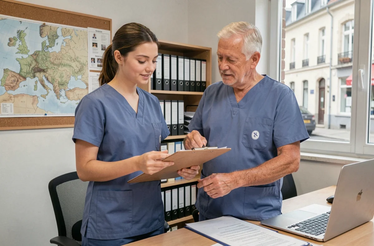 Deux vétérinaires comparant des données salariales dans le bureau administratif d'une clinique vétérinaire en ville moyenne