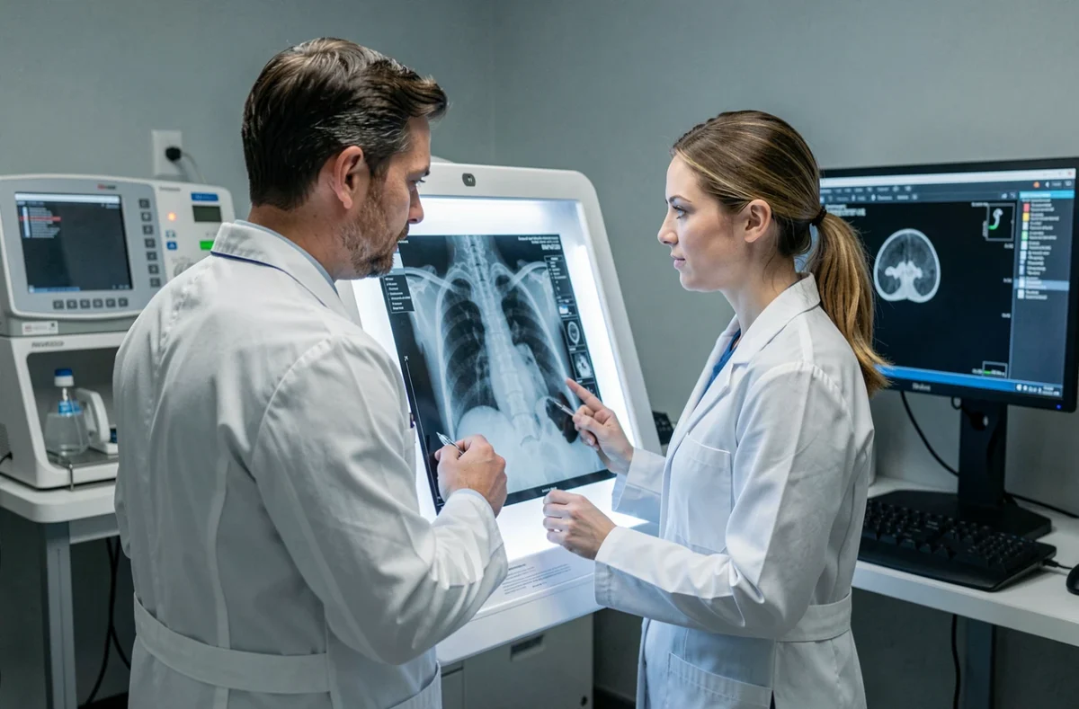 Deux vétérinaires analysant une radiographie dans une salle d'imagerie médicale vétérinaire